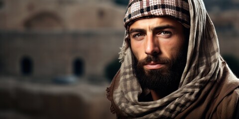 Fototapeta premium Palestinian Man in Keffiyeh Against Jerusalem Stone Backdrop, Space for Copy.