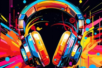 Groovy headphones on vibrant pop art backdrop, Generative AI