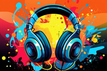 Groovy headphones on vibrant pop art backdrop, Generative AI