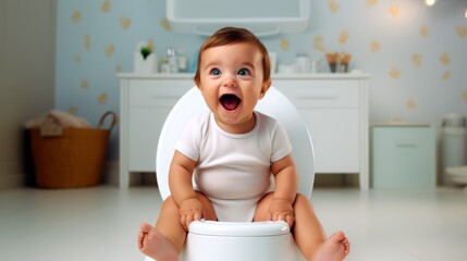 Toddler Triumphantly Sitting on a Potty, Sanitary White Background, Space for Text.