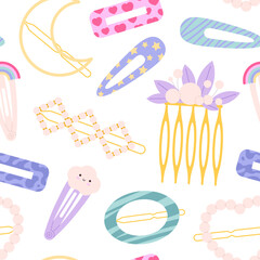 Hair clips and pins seamless pattern. Fashion plastic head accessories, decorative hairdressing element with beads and prints. Girly fashion racy vector design - obrazy, fototapety, plakaty