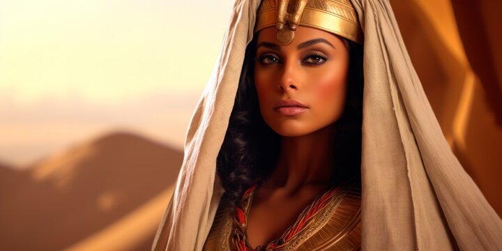 Egyptian Woman in Bedlah Costume Against Egypt Backdrop, Space for Text.