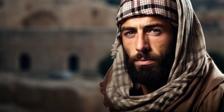 Palestinian Man in Keffiyeh Against Jerusalem Stone Backdrop, Space for Copy.