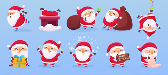 Santas character, santa claus happy funny celebrating christmas and new year. Xmas characters, new year person and gifts nowaday vector set