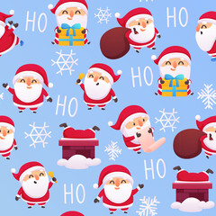 Santa claus winter seamless pattern. Christmas fabric print design, new year or xmas graphic art. Cartoon holidays characters nowaday vector background