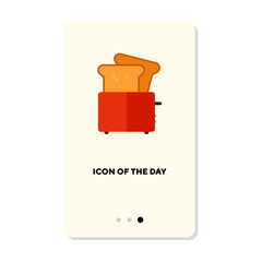 Slices of bread in red toaster flat icon. Vertical sign or vector illustration of tasty meal preparation or snack element. Breakfast, food, nutrition concept for web design and apps