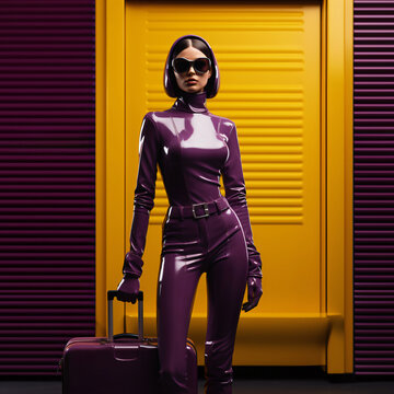 young futuristic woman in a purple body suit waiting with a travel case at the platform
