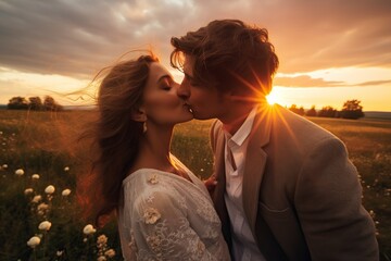 romantic couple kissing in the field
