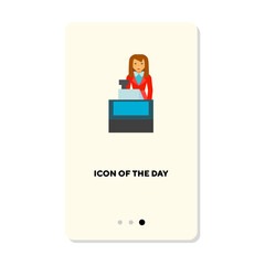 Consultant standing behind cash register desk flat icon. Vertical sign or vector illustration of person working for clients element. Occupation, service, assistance for web design and apps