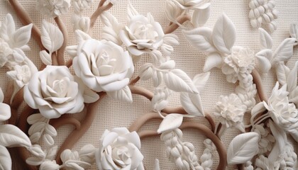 Floral white background with embroidered volumetric flowers.