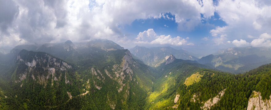 Balkan aerial mountains panorama with clouds and green forests, Maglic, Bosnia and Herzegovina