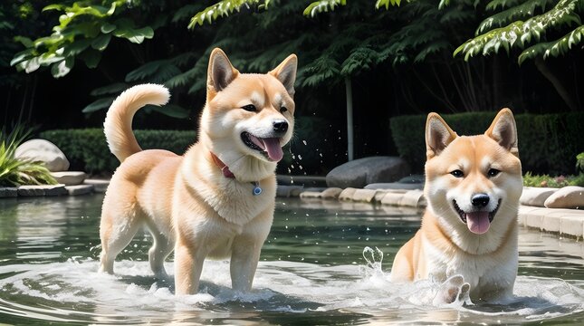 Cute shiba inus having fun in a pool