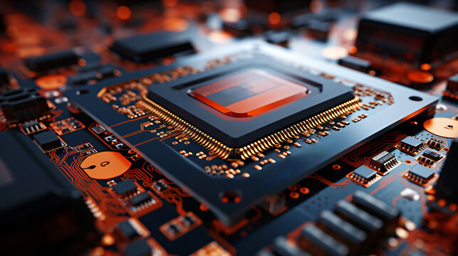 futuristic high-tech cpu, circuit board digital background, supercomputer design and microchip technology 