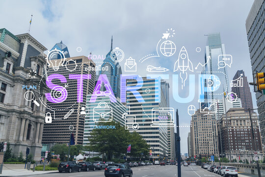Summer day time cityscape of Philadelphia financial downtown, Pennsylvania, USA. City Hall neighborhood. Startup company, launch project to seek, develop and validate scalable business model, hologram
