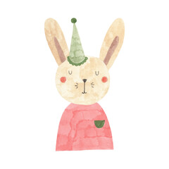 Cute bunny with green birthday cap and red t shirt isolated hand drawn gouache illustration on white background for nursery kids postcards, baby shower invitations. Rabbit with red cheeks