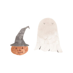 Halloween orange cute pumpkin in black hat with cute ghost gouache hand-drawn clipart elements isolated on white background
