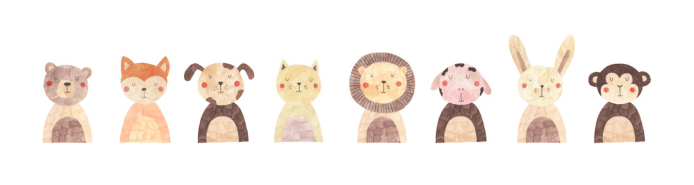 Collection of animals portraits - cat, lion, monket, bunny, bear, dog, cow, fox - hand drawn cute character animals on white background. Nursery cartoon illustrations