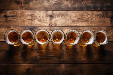 a row of beer glasses lay in a line on a wood table Generative AI