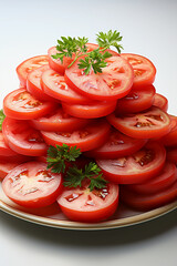 A platter of precisely sliced tomatoes on a white and isolated backdrop dominates this intriguing culinary scenario. The composition's complexity and simplicity highlight the tomatoes.
