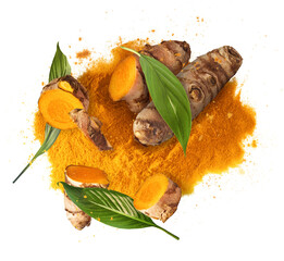 Fresh turmeric root falling in the air isolated