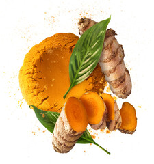 Fresh turmeric root falling in the air isolated