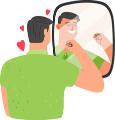 Self acceptance concept, love yourself. Happy person looking in the mirror. Young man with healthy self-perception. Self esteem vector illustration