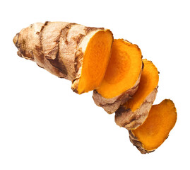 Fresh turmeric root falling in the air isolated