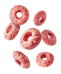 Tasty pink ring Cereals falling in the air isolated