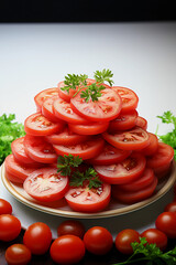 A platter of precisely sliced tomatoes on a white and isolated backdrop dominates this intriguing culinary scenario. The composition's complexity and simplicity highlight the tomatoes.