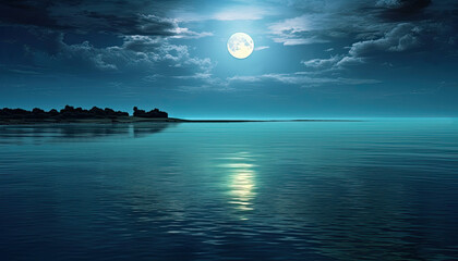 Night sky with full moon over water. - obrazy, fototapety, plakaty