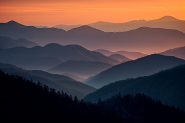 Layer of mountains at sunset time generative AI