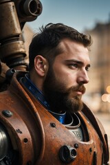 Portrait photo of muscular bearded guy in a worn mech suit