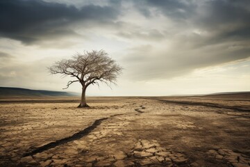 Fototapeta na wymiar a dead brown tree in the middle of a bleak desert, Stunning Scenic World Landscape Wallpaper Background