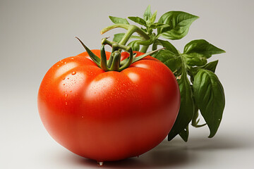 A plump, garden-fresh tomato takes center stage against a pristine white backdrop in a scene that radiates purity. Its scarlet hue commands attention, inviting your gaze to explore its mesmerizing