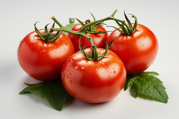 Set against a pristine white backdrop, this high-quality image places the radiant tomatoes at the center of attention. The vibrant red hue of the tomatoes pops against the clean canvas, isolated. 