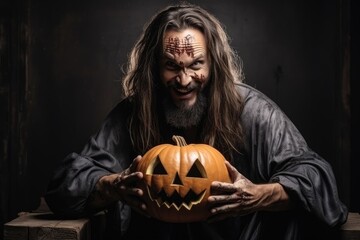Jesus christ celebrates halloween, prepares a festive pumpkin and candles. jesus vs evil