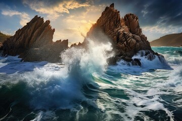 A dramatic coastal rock formation surrounded by crashing waves, Stunning Scenic World Landscape Wallpaper Background
