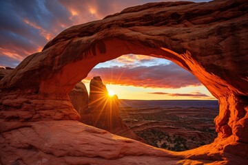 A breathtaking view of a natural delicate red rock arch against a vibrant sunset sky, Stunning Scenic World Landscape Wallpaper Background