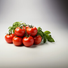 Against a pristine white background, a captivating tableau unfolds. Plump and radiant tomatoes take center stage, their vibrant reds and yellows juxtaposed against the pure canvas, isolated.