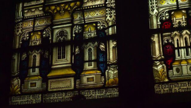 Stained Glass Window in Medieval Church England Biblical Images Coloured Inside