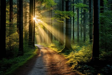 A tranquil forest pathway with rays of sunlight filtering through the trees, Stunning Scenic World Landscape Wallpaper Background