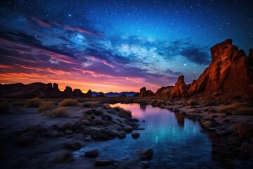 Fototapeta na wymiar A beautiful desert landscape with pool of water at night with a starry night sky and Milky Way visible overhead right after sunset, Stunning Scenic World Landscape Wallpaper Background
