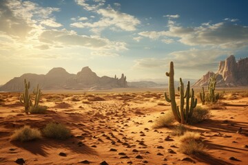 A rugged desert landscape with sand dunes with cactus and cacti as found in the old west, Stunning Scenic World Landscape Wallpaper Background - obrazy, fototapety, plakaty
