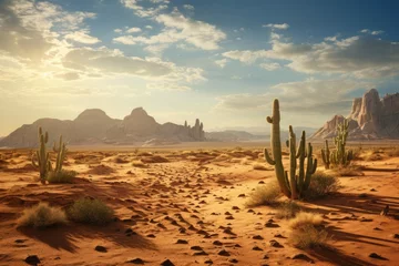 Foto auf Acrylglas A rugged desert landscape with sand dunes with cactus and cacti as found in the old west, Stunning Scenic World Landscape Wallpaper Background © Distinctive Images