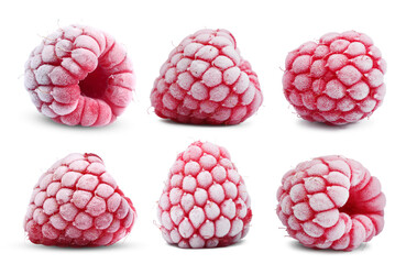 Set of frozen raspberries isolated on white background