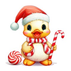 A cartoon duck wearing a santa hat and holding a candy cane. Digital image.
