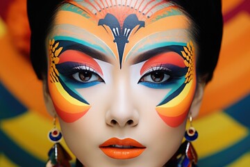 Asian woman wearing colorful makeup in a colorful background