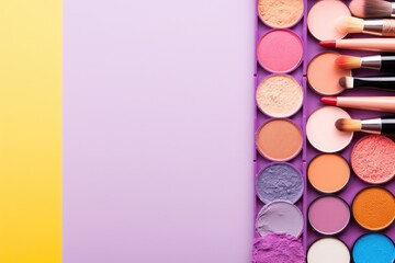 Various makeup products in a colorful background