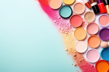 Various makeup products in a colorful background - obrazy, fototapety, plakaty