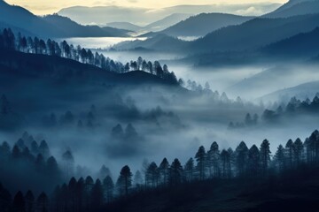 A dense fog mist covering a tranquil mountain forest, Stunning Scenic World Landscape Wallpaper Background